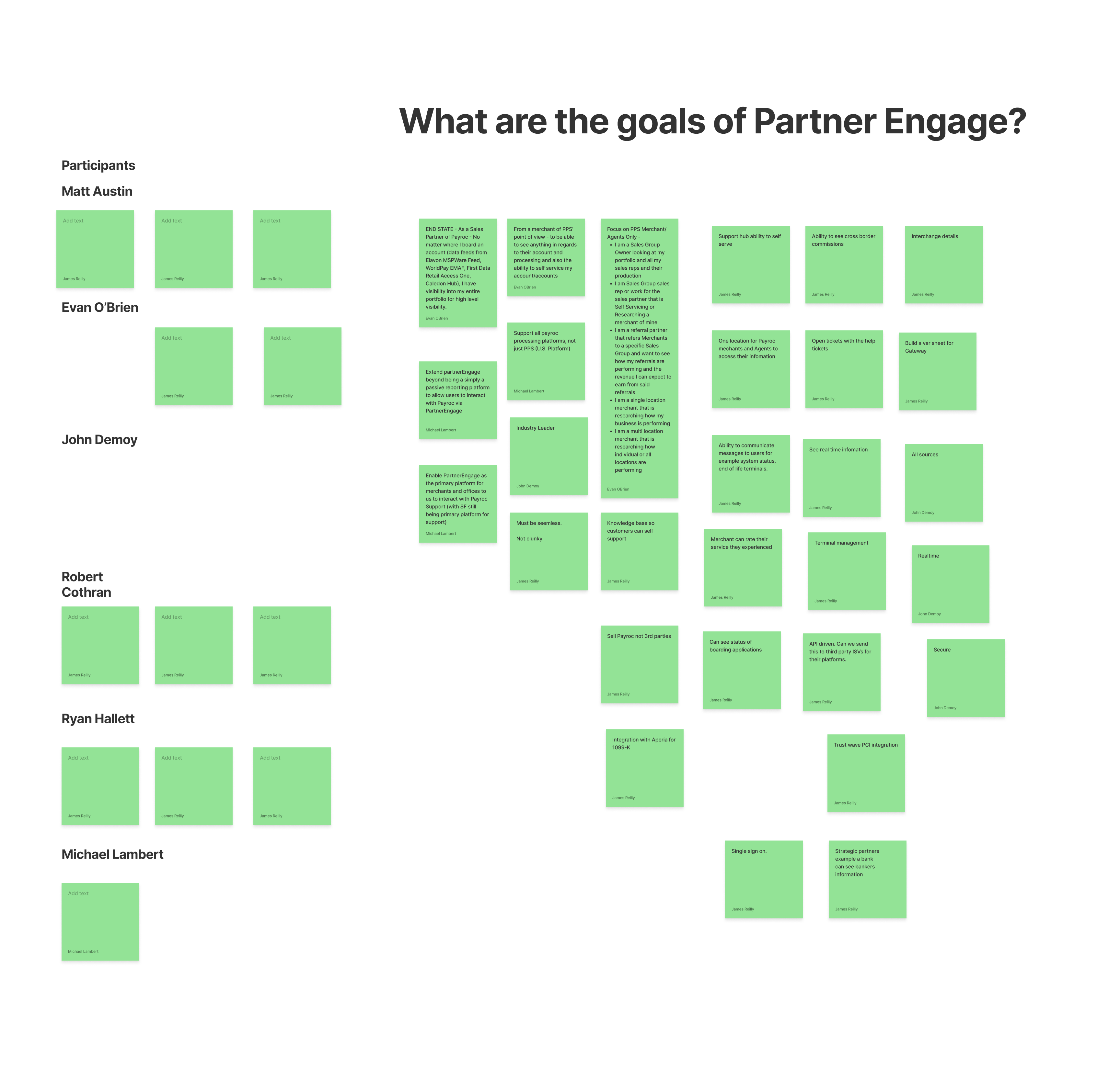 Partner Engage research board capturing stakeholder goals and requirements
